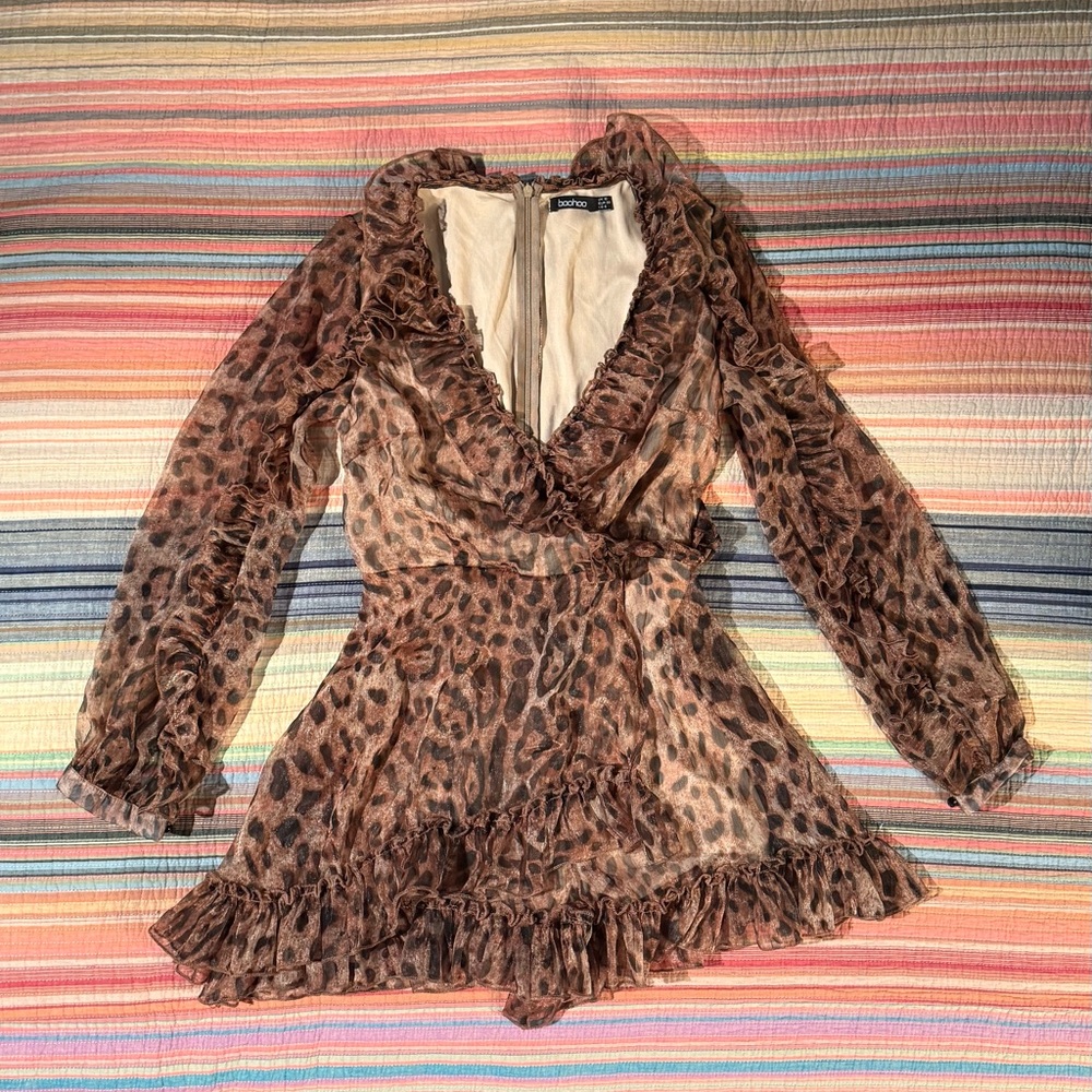 Boohoo Leopard Ruffle Shift Dress